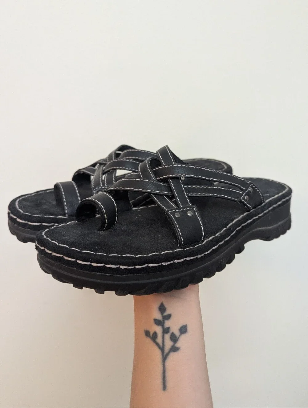 Vintage 90s Lower East Side Chunky Platform Strappy Slide Sandals Black Leather